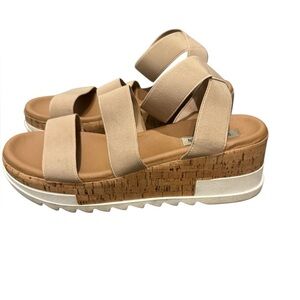Steve Madden Beige Platform Sandals Cork Wedge Slingback Size 9